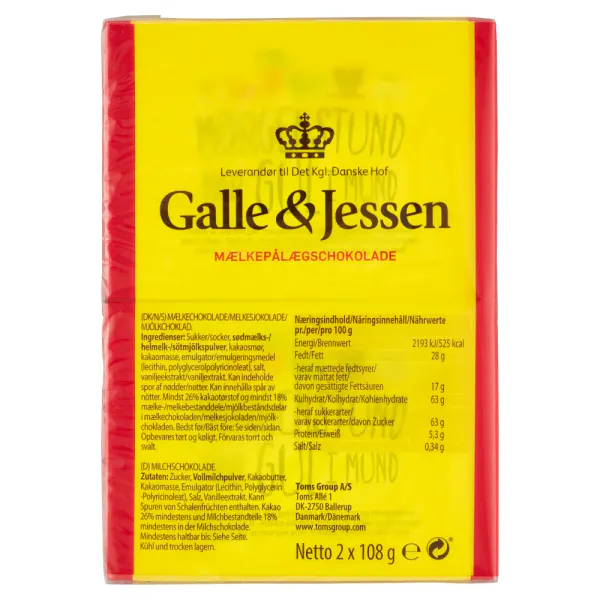 Galle & Jessen Mælkepålægschokolade 2 PK 216g